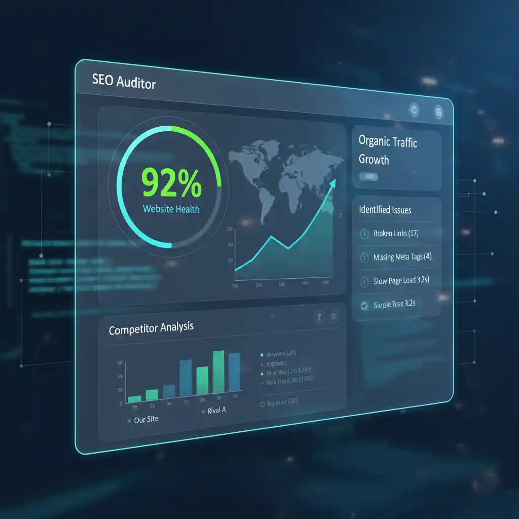 SEO Auditor tool dashboard showing website health score and backlink analysis