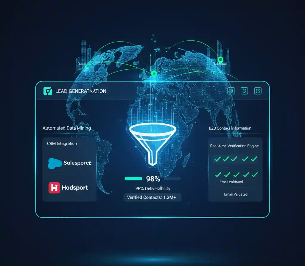 Lead Generation Software interface showing list of verified business contacts