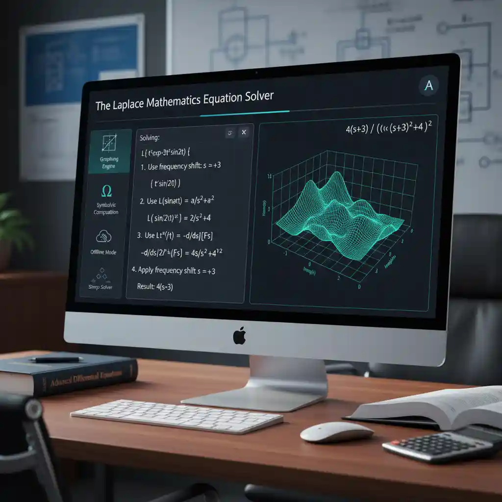 Laplace Math Solver software displaying complex equation solutions and 3D graphs