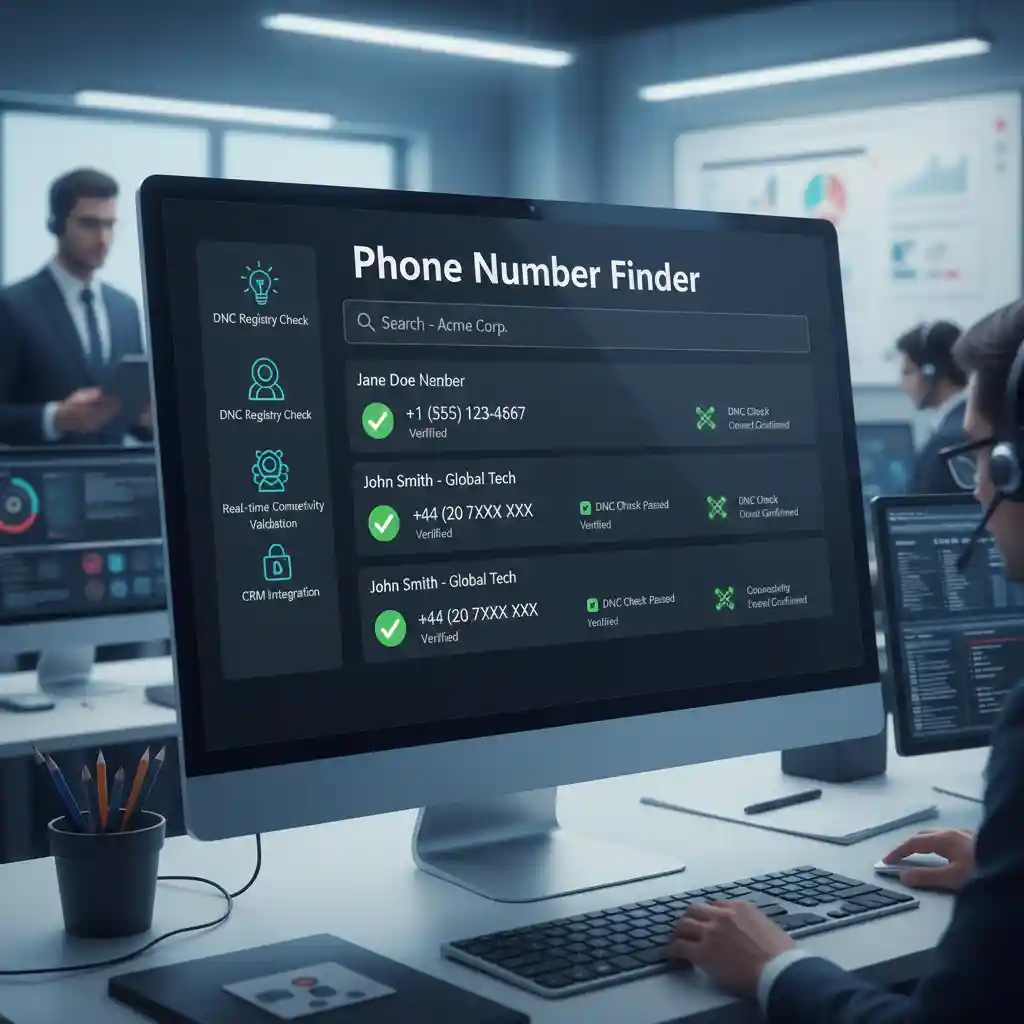 Phone Number Finder interface showing direct dial search results for sales